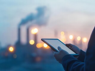 A person uses a tablet to monitor environmental data against a backdrop of industrial smokestacks and pollution. Energy stock investment concept.