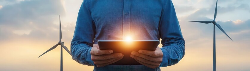 A person using a tablet with wind turbines in the background, symbolizing renewable energy and modern technology in harmony. Energy stock investment concept.