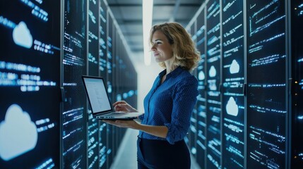 Data center operations tech professional managing servers corporate facility digital infrastructure indoor environment focus on efficiency
