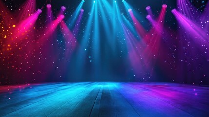 Vibrant stage with colorful lighting effects and bright beams creating an engaging atmosphere for visual presentations or performances.