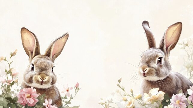 Charming rabbits surrounded by pastel flowers with a blank banner for personalized text, perfect for invitations or greetings.