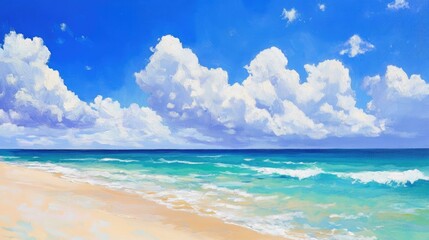 Fototapeta premium Vibrant beach scene showcasing soft golden sand, crystalline turquoise waters, and a brilliant blue sky filled with fluffy white clouds.