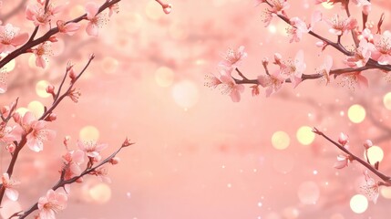 Peach blossom branches in full bloom framed against a dreamy soft pink bokeh background, evoking a vibrant and serene spring atmosphere.