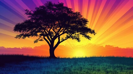Obraz premium Silhouetted tree against a vibrant sunset with radiant colors illuminating the savanna landscape and grassy foreground.
