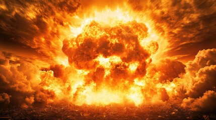 Obraz premium A colossal explosion engulfs the sky with intense orange flames and thick smoke, showcasing an awe-inspiring yet destructive display of power.