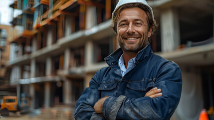 Obraz premium Portrait of an architect standing with his arms crossed on the construction site.