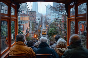 Fototapeta premium A group of passengers relaxes on a classic tram, descending a steep San Francisco hill, surrounded by city buildings and greenery. The vibrant urban landscape creates a picturesque view