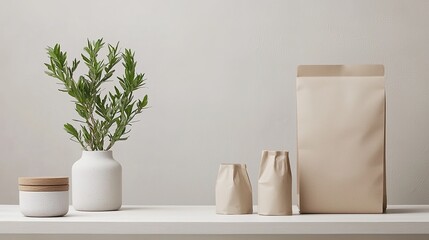 Eco-friendly product packaging showcase minimalist studio mockup display contemporary design earthy aesthetics