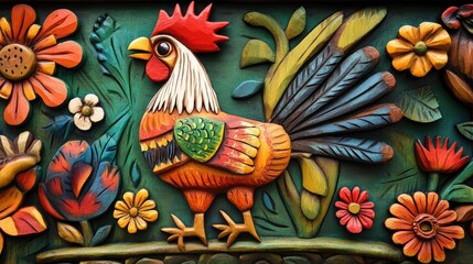 Obraz premium Vibrant Mexican folk art showcasing a wooden rooster carving surrounded by colorful flowers and lively bird motifs in a detailed, decorative scene.