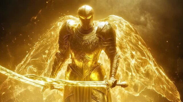 Knight with angel wings in full armor stands with his sword, behind him golden glow and sparks, in style fantasy art and Middle Ages. Epic fantasy graphics for a commercial for a historical game. 