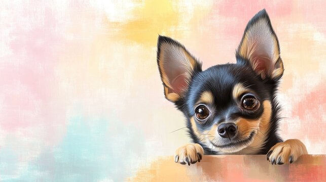 Endearing Chihuahua puppy peering over a soft pastel backdrop, ideal for creative advertisements, birthday invitations, with space for personalized text.