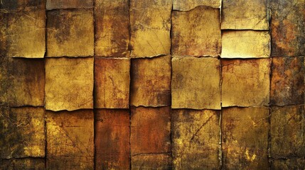Textured backdrop with a rustic, gold and brown wall design featuring rectangular patches and an empty space for customizable text.