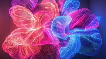 Fototapeta premium Neon pink and blue arcs intertwine beautifully, creating a mesmerizing light display against a deep black background, showcasing elegant swirling patterns.