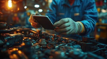 Mechanic using smartphone to access repair manuals during engine diagnostics.