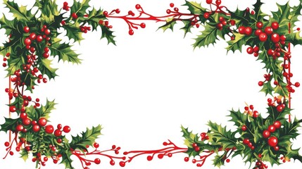 Fototapeta premium Vibrant red Christmas frame embellished with lush mistletoe branches and festive berries, perfect for holiday greetings and seasonal decorations.