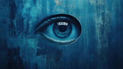 Concept of security illustrated through a striking blue eye emerging from a textured, dark background, symbolizing vigilance and protection of sensitive information.