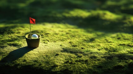 Golf ball nestled in a cup on lush putting green, vibrant flag marking the hole with soft sunlight creating a serene and inviting atmosphere.