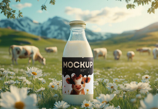 Milk Bottle Mockup &ndash; Fresh Dairy Packaging in Scenic Farm Field with Cartoon Cow Label for Organic Branding Presentation