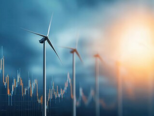 A serene landscape featuring wind turbines against a vibrant sunset, symbolizing renewable energy and sustainable development. Energy stock investment concept.