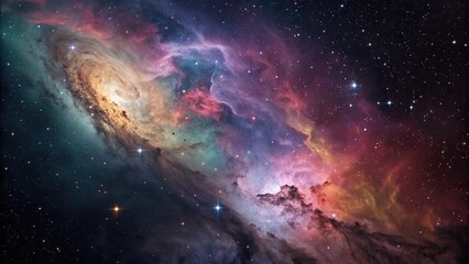 Obraz premium Swirling clouds of color in a deep space background, purple, yellow, shimmering, nebula, green