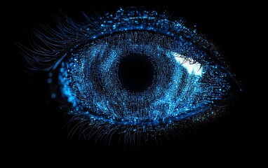 Blue eye through AI network lens, data flowing in digital connections, futuristic artificial intelligence, hightech cyber vision, technological innovation