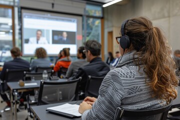 A group of students attentively participates in a hybrid learning session, listening through headphones as they follow video conference lectures in a well-lit, contemporary classroom environment
