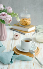 Tea on the table with cutlery, tea drinking. Selective focus