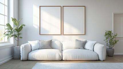 Framed empty posters showcased on a light wall above a modern white sofa in an airy contemporary living room with greenery accents.