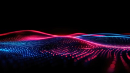 Obraz premium Abstract 3D rendering of glowing red and blue lines creating a fluid wave pattern against a dark background, emphasizing a futuristic cyber space theme.