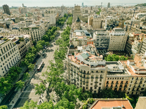 Aerial view of typical houses at Eixample residential district. Barcelona, Catalonia