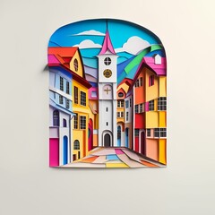 Köniz, Switzerland, paper cut illustration - A clock tower is painted on a wall