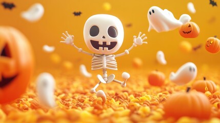 Cheerful 3D skeleton character joyfully surrounded by cute ghosts and playful pumpkins in a festive Halloween-themed setting.