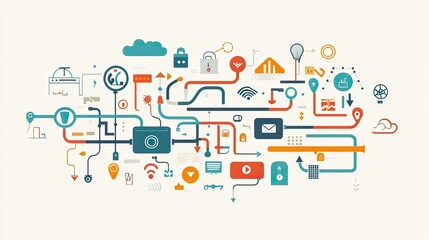 Industrial IoT flat design, showcasing a digital network between machines, predictive analytics hubs, and cloud storage