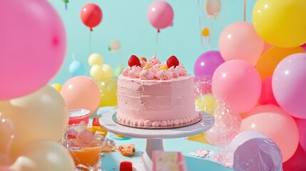 Joyful birthday celebration with a pastel pink cake adorned with strawberries, surrounded by colorful balloons and festive decorations.