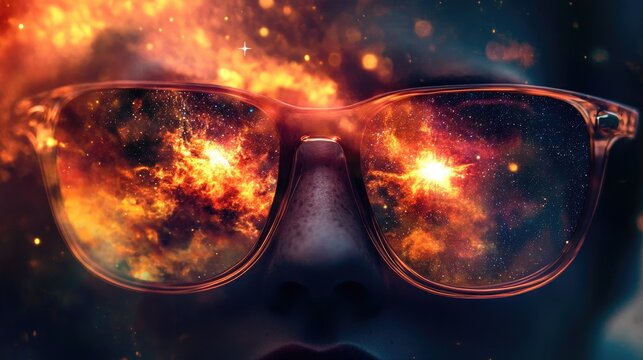 Cosmic explosion reflected in stylish sunglasses with a mysterious mask, showcasing vibrant colors and a celestial theme in a captivating portrait.