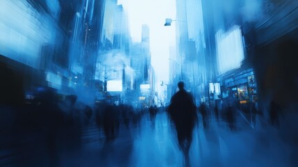 Misty silhouette in a vibrant cityscape filled with soft blue hues, capturing the essence of morning bustle and urban life.