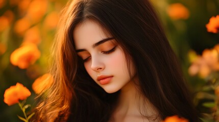 Fototapeta premium A serene portrait of a young woman with flowing hair, gently surrounded by vibrant orange flowers, captures a moment of tranquility and beauty, This image can enhance projects related to nature
