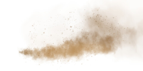 Sandy-smoke clouds with dust and fine particles. PNG Dune, sand storm, clusters of powder. Realistic vector illustration of desert storm - flying saw dust with small dirt particles under the influence