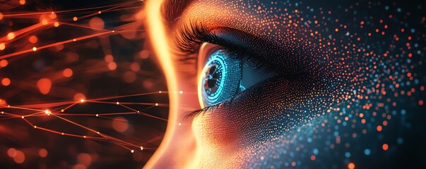 Human blue eye seen through AI network, digital data flowing, connections forming around it, futuristic artificial intelligence, technologydriven vision