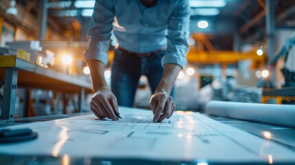Engineer overseeing blueprint analysis industrial warehouse creative process urban environment close-up view design innovation