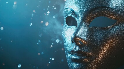 Glittering carnival mask set against a vibrant blue background, infused with sparkling lights, capturing the joyous essence of celebration and festivity.