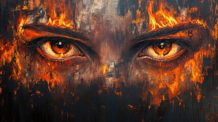 Fierce eyes ablaze with intensity reflect the turmoil of war, as a hidden face embodies the search for refuge amidst chaos and devastation.