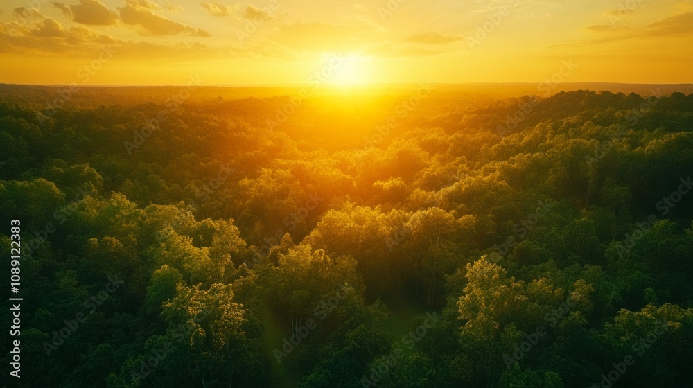 Poster a beautiful, sunlit forest with trees in the foreground