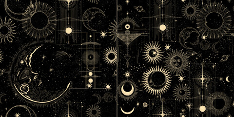 Vector illustration set of moon phases. Different stages of moonlight activity in vintage engraving style. Zodiac Signs	