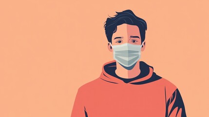 Illustration of a young man wearing a light blue face mask, standing against a soft peach background, dressed in a casual red hoodie.