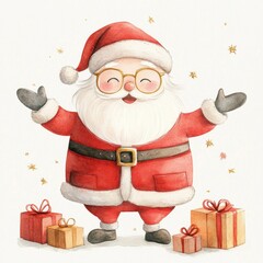 Cute Santa carrying gift box. Christmas holiday greeting card design background template.