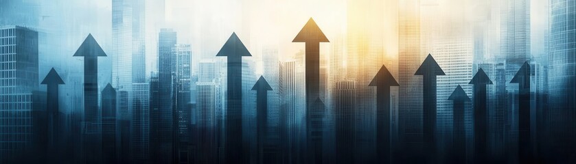 Abstract upward trending arrows represent business growth and success, blending urban skyline elements in a futuristic design. Energy stock investment concept.