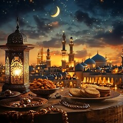 Eid Mubarak and Ramadan Kareem greetings with an Islamic lantern, moon, and a Muslim Arabic mosque in the background, generative ai