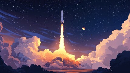 Fototapeta premium Rocket ascending majestically into a starry sky, surrounded by vibrant flames and billowing clouds, symbolizing the triumph of space exploration.