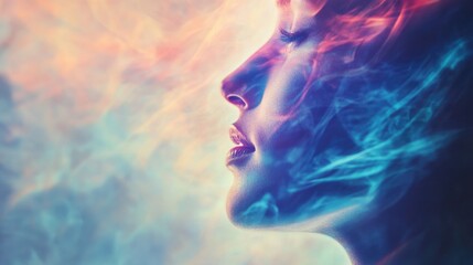 A woman's profile exuding intense focus and conviction, surrounded by ethereal smoke in vibrant colors against a softly blurred backdrop.